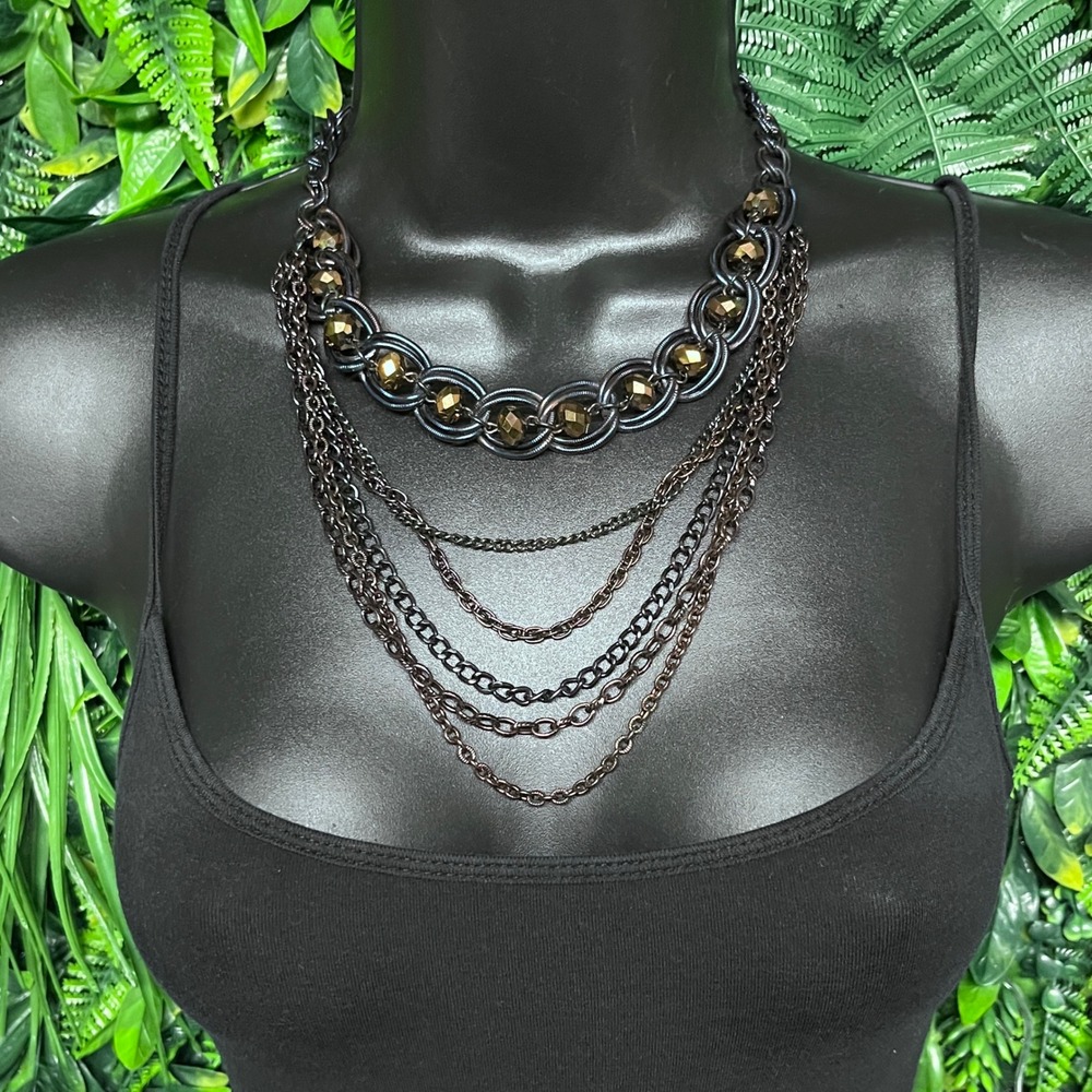 Statement Necklace Gunmetal Multi Strand Layered Bronze Beads Goth Edgy‎ 3817